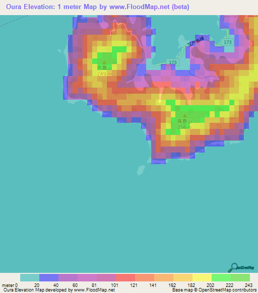 Oura,Japan Elevation Map