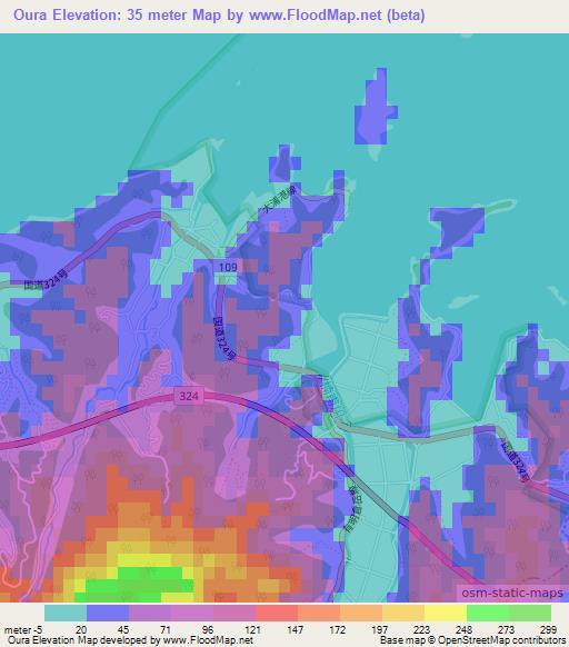 Oura,Japan Elevation Map