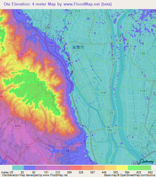 Ota,Japan Elevation Map