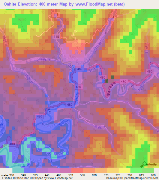 Oshite,Japan Elevation Map