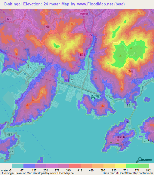 O-shingai,Japan Elevation Map
