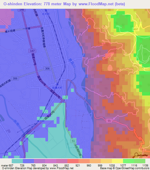 O-shinden,Japan Elevation Map