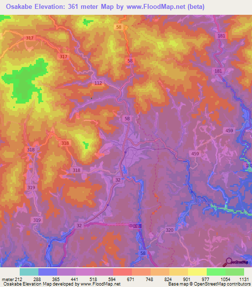Osakabe,Japan Elevation Map