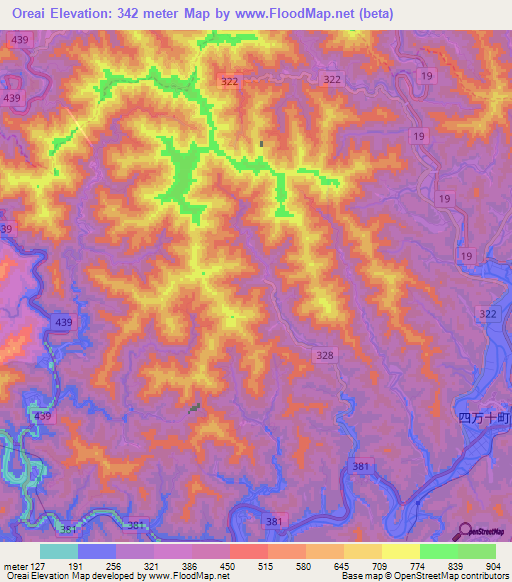Oreai,Japan Elevation Map
