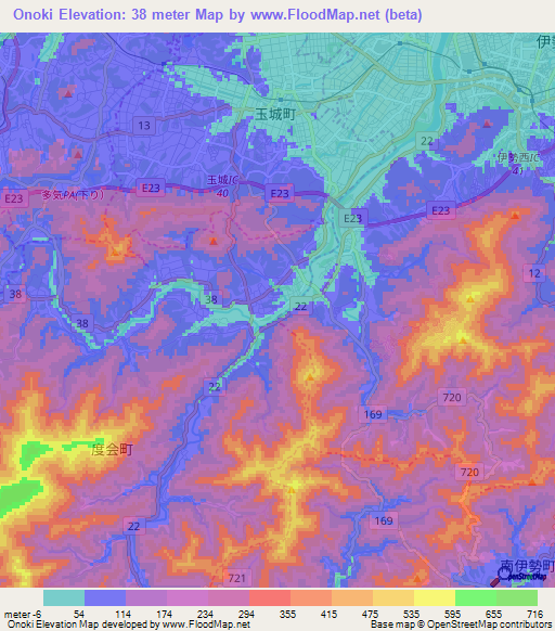 Onoki,Japan Elevation Map