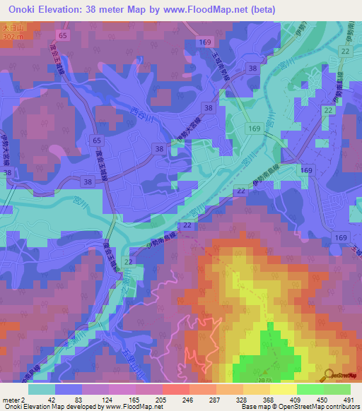 Onoki,Japan Elevation Map