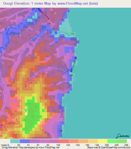 Onogi,Japan Elevation Map