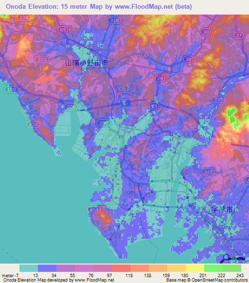 Onoda,Japan Elevation Map