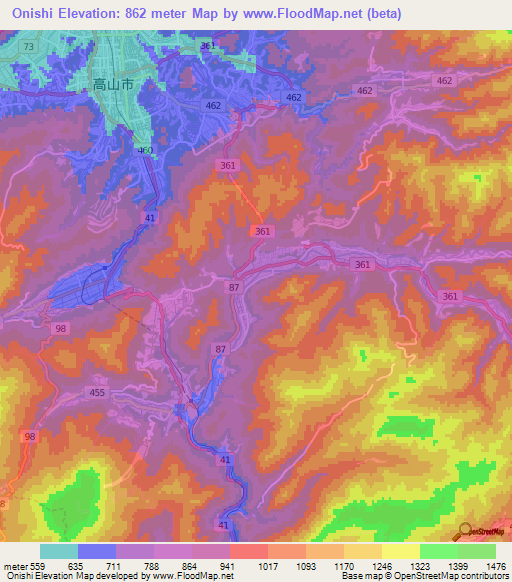 Onishi,Japan Elevation Map