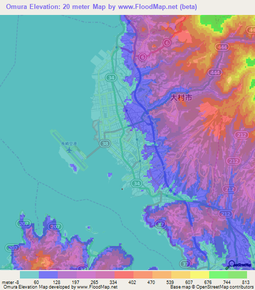 Omura,Japan Elevation Map