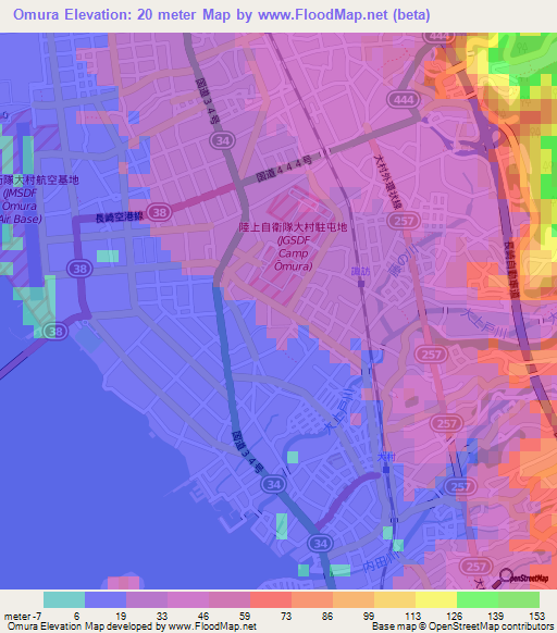 Omura,Japan Elevation Map