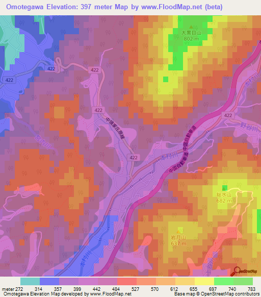 Omotegawa,Japan Elevation Map