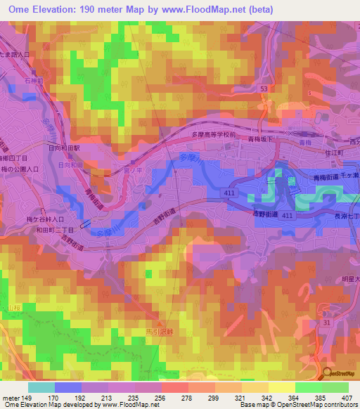 Ome,Japan Elevation Map