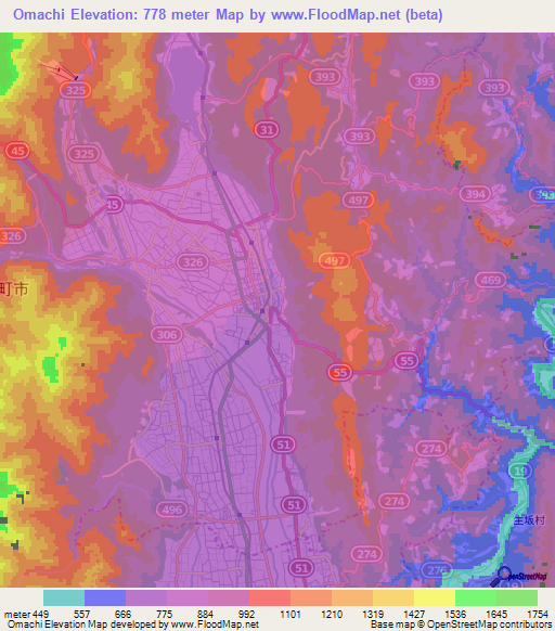 Omachi,Japan Elevation Map