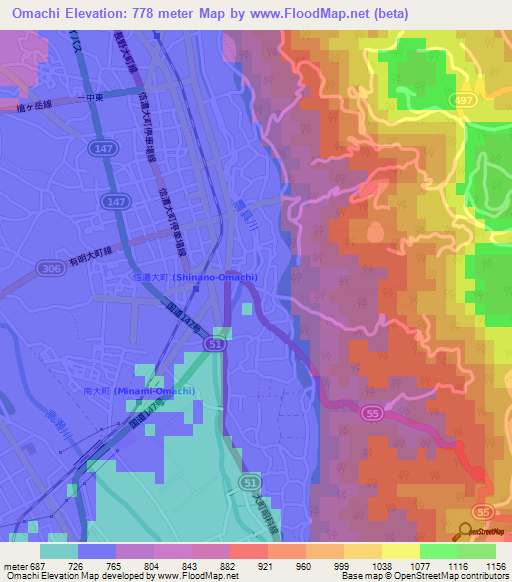 Omachi,Japan Elevation Map