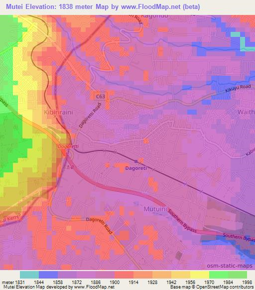 Mutei,Kenya Elevation Map