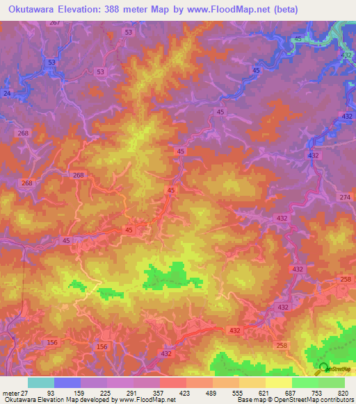 Okutawara,Japan Elevation Map