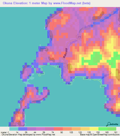 Okuna,Japan Elevation Map
