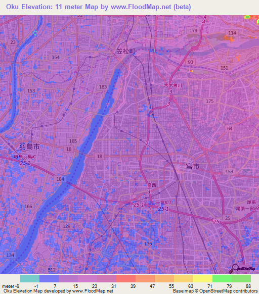 Oku,Japan Elevation Map