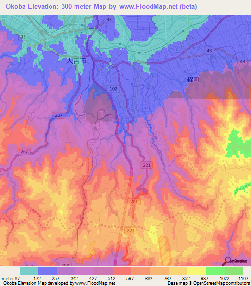 Okoba,Japan Elevation Map