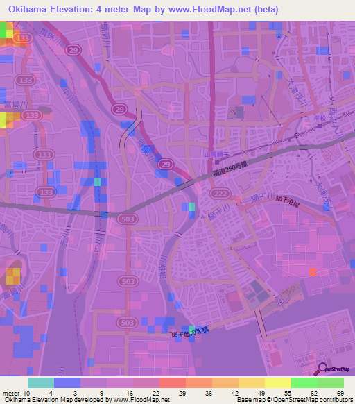 Okihama,Japan Elevation Map