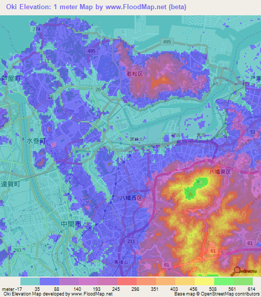 Oki,Japan Elevation Map