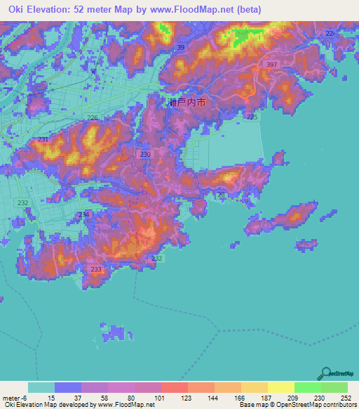 Oki,Japan Elevation Map