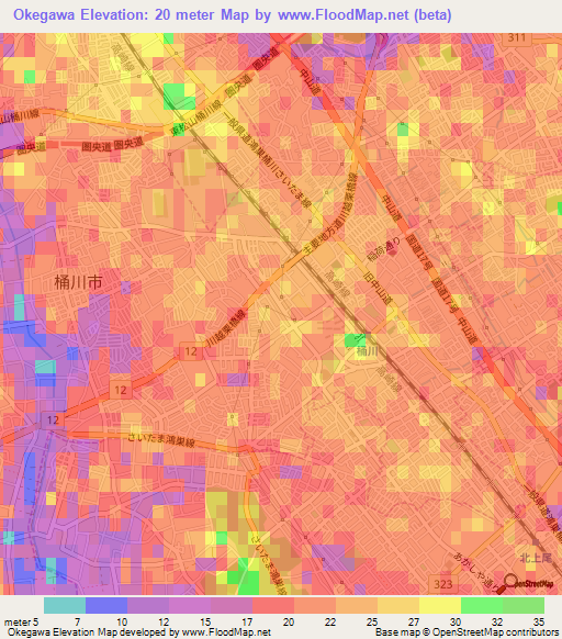Okegawa,Japan Elevation Map