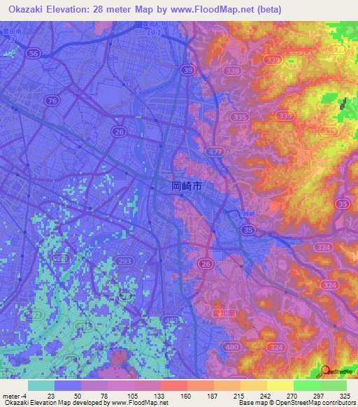 Okazaki,Japan Elevation Map