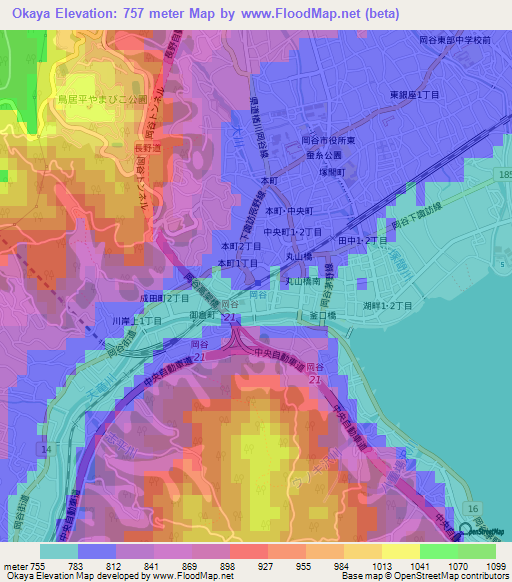 Okaya,Japan Elevation Map