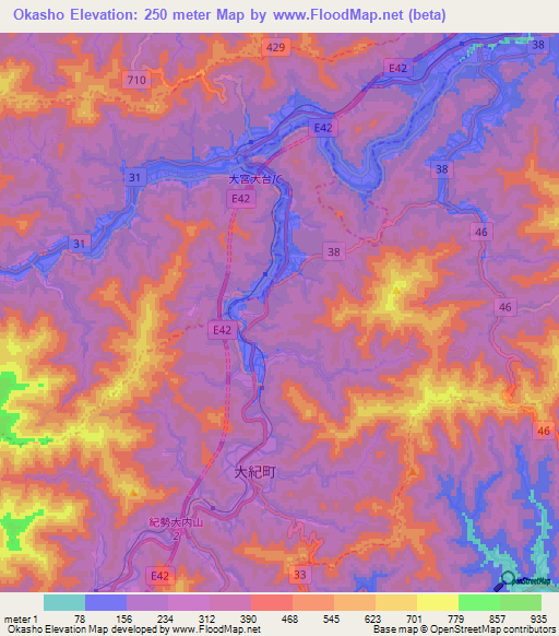 Okasho,Japan Elevation Map