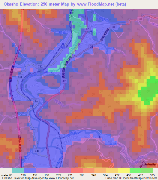 Okasho,Japan Elevation Map