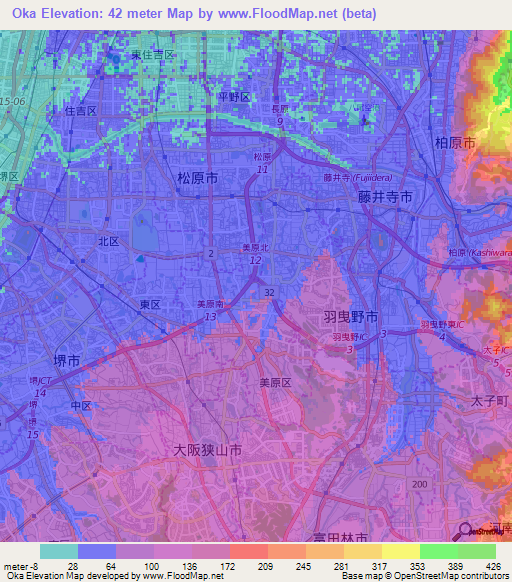 Oka,Japan Elevation Map