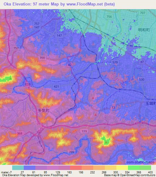 Oka,Japan Elevation Map