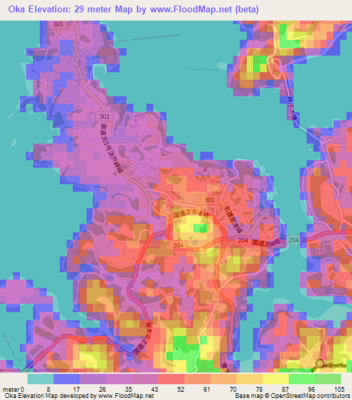 Oka,Japan Elevation Map