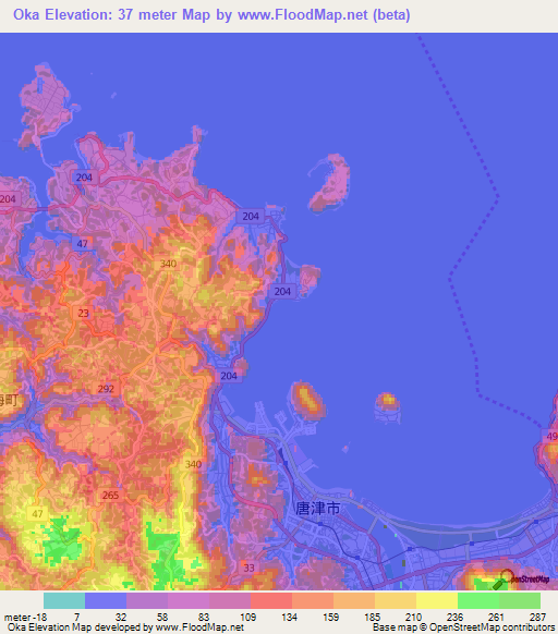Oka,Japan Elevation Map
