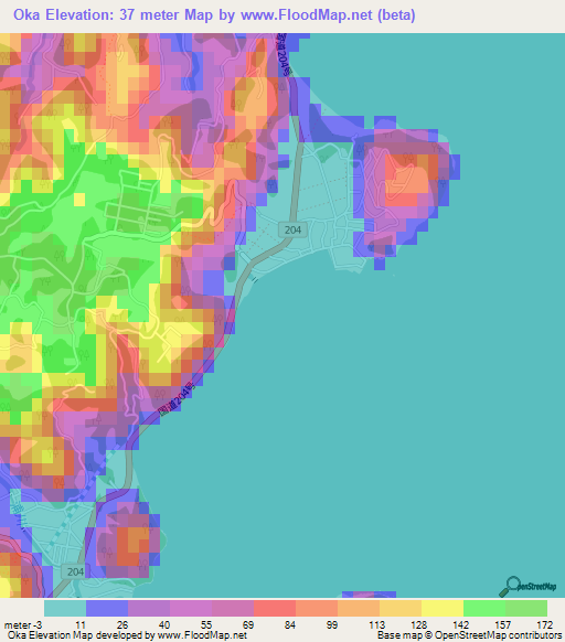 Oka,Japan Elevation Map