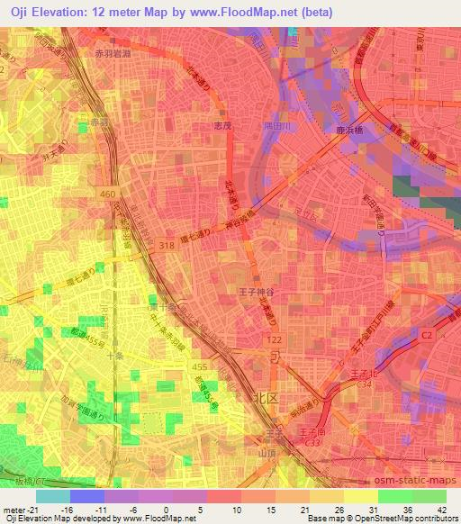 Oji,Japan Elevation Map