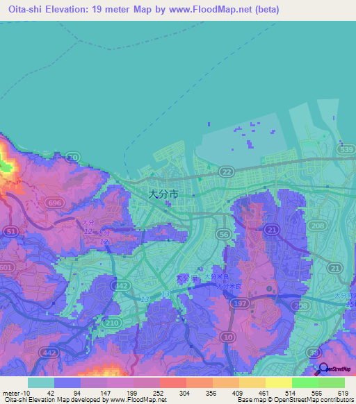 Oita-shi,Japan Elevation Map