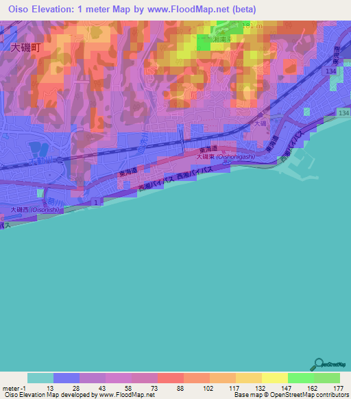 Oiso,Japan Elevation Map