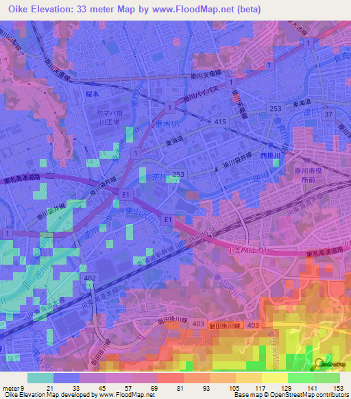 Oike,Japan Elevation Map