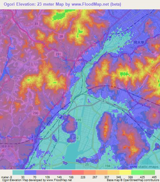 Ogori,Japan Elevation Map