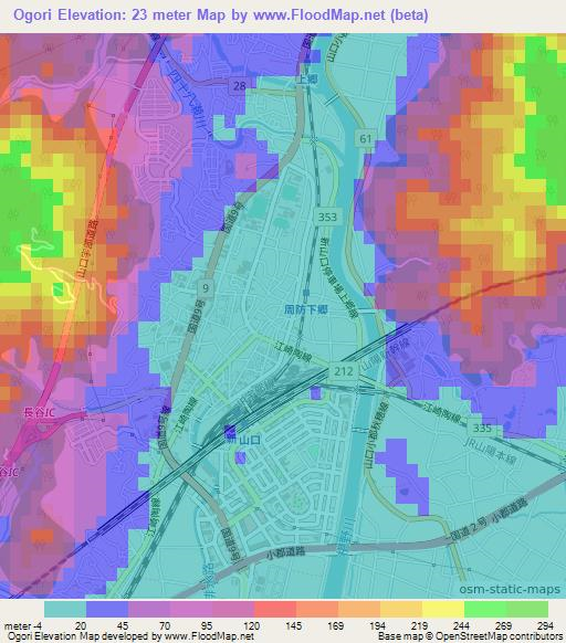 Ogori,Japan Elevation Map