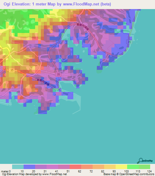 Ogi,Japan Elevation Map