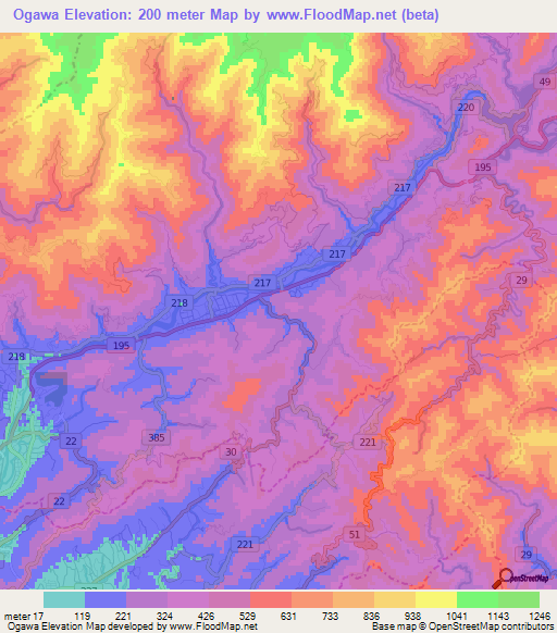 Ogawa,Japan Elevation Map