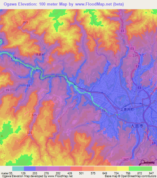 Ogawa,Japan Elevation Map