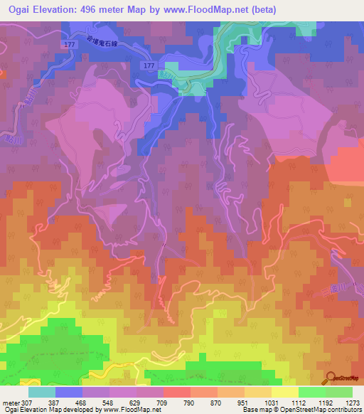 Ogai,Japan Elevation Map
