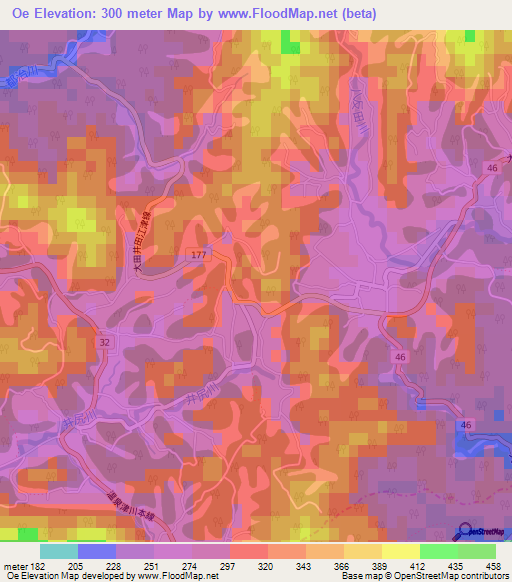 Oe,Japan Elevation Map