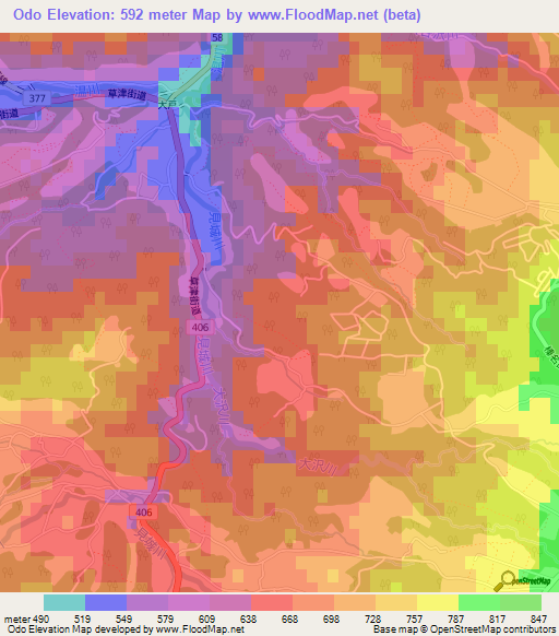Odo,Japan Elevation Map