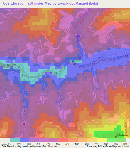 Oda,Japan Elevation Map
